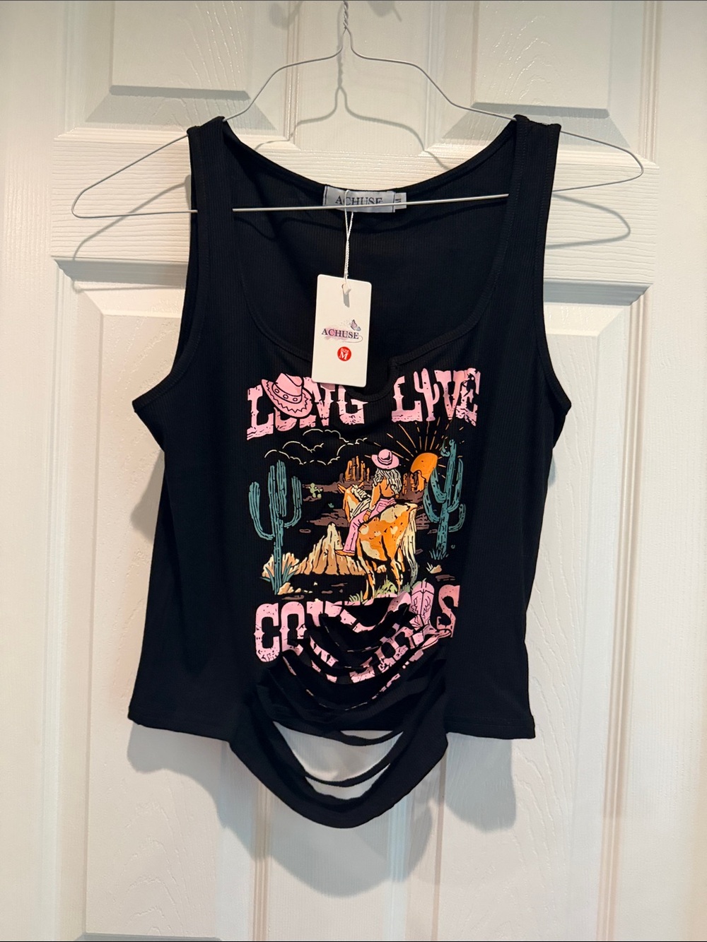 Black Graphic Tank Top with Pink Western Print